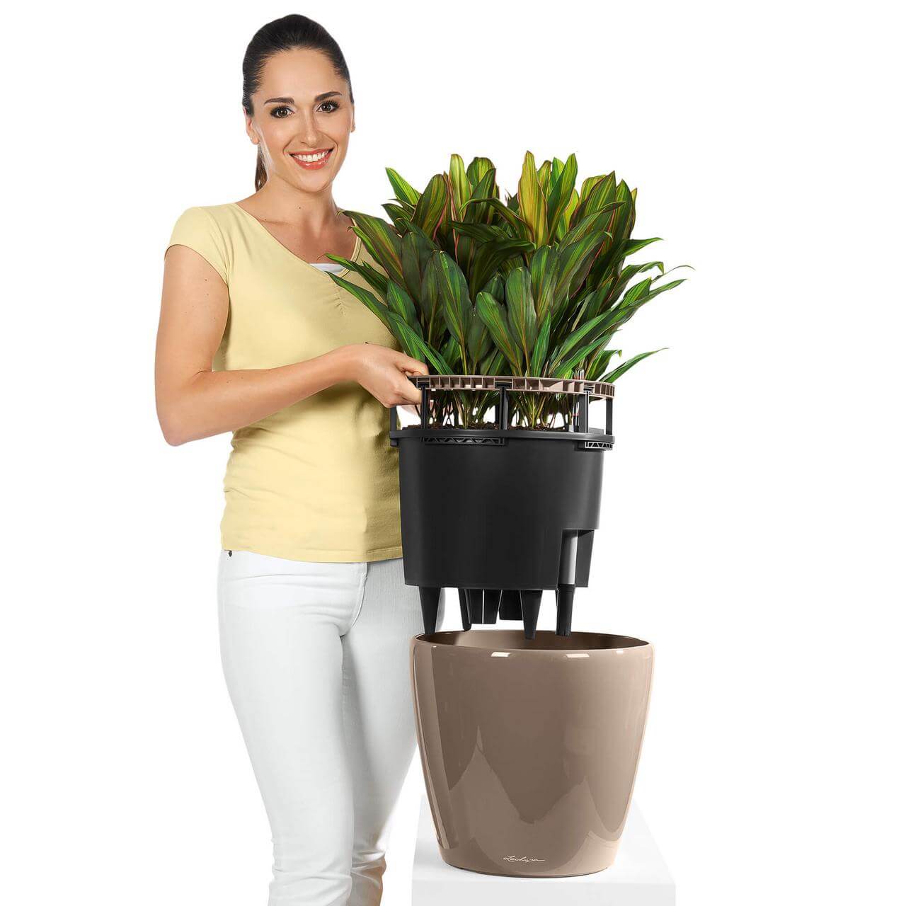Lechuza Classico Premium LS indendørs krukke til blomster med selvvandingssystem  Sort Højglans Ø28 x H26 cm