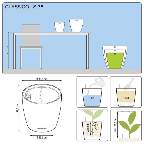 Lechuza Classico Premium LS indendrs krukke til blomster med selvvandingssystem 