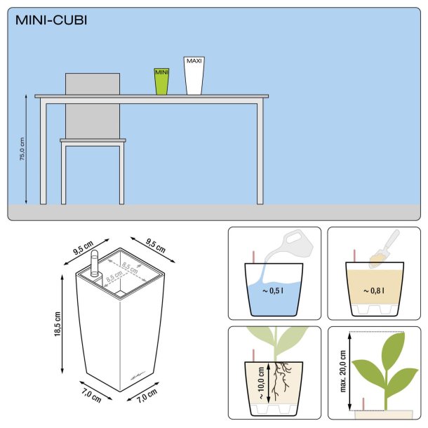 Lechuza  Mini Cubi indendrs krukke til blomster med selvvandingssystem 18,5 