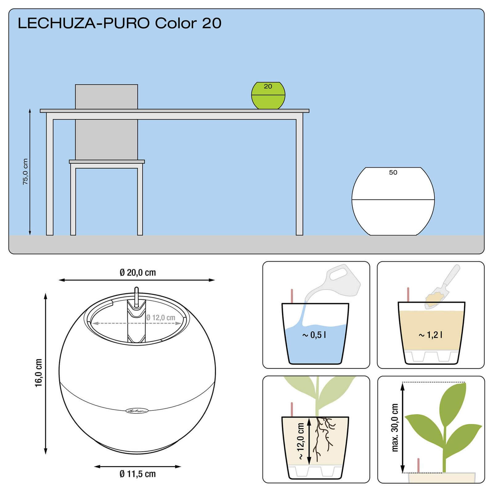 Se Lechuza Puro Color 20 indendørs krukke til blomster med selvvandingssystem 16 Hvid hos InGarden.dk